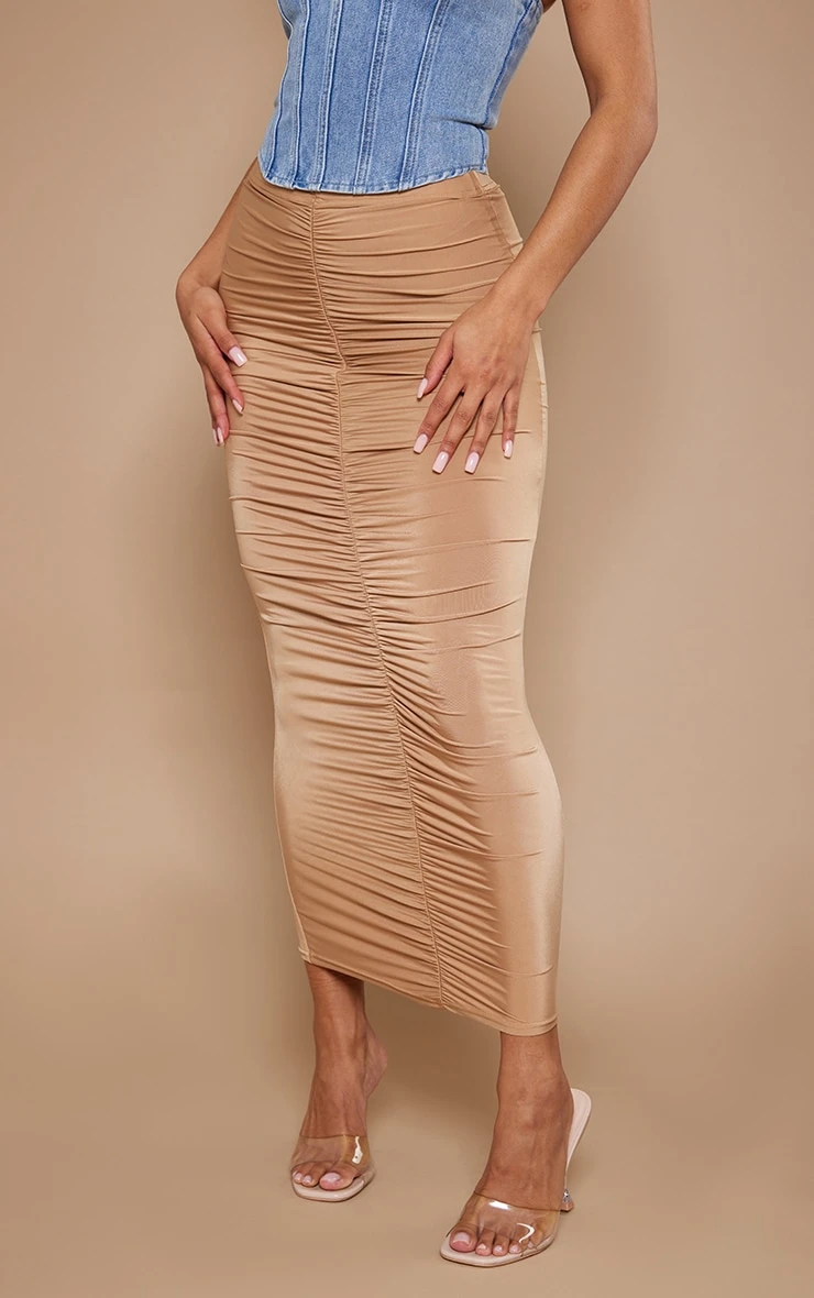 Camel Slinky Ruched Front Detail Maxi Skirt 2 Camel Slinky Ruched Front Detail Maxi Skirt - Image 2