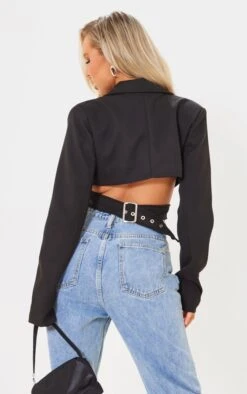 Black Belt Detail Wrap Over Cropped Blazer