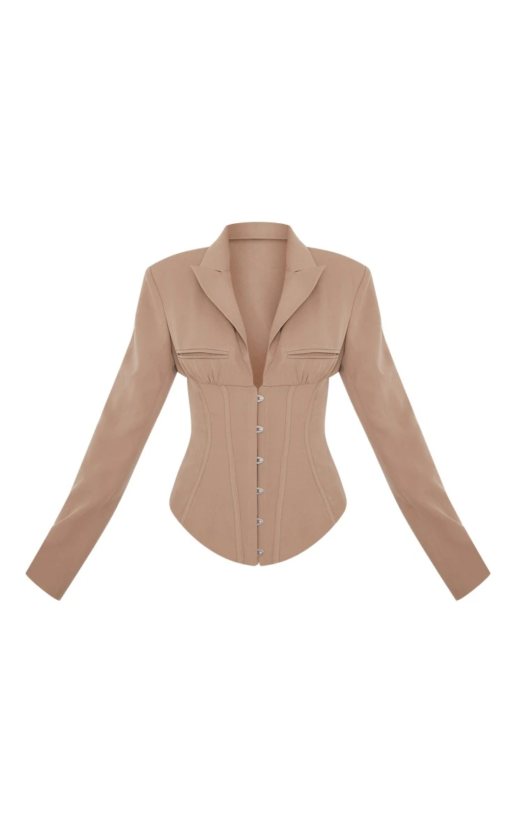 Taupe Corset Waist Shoulder Pad Blazer 5 Taupe Corset Waist Shoulder Pad Blazer - Image 5