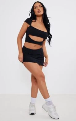 Black Brushed Rib Mid Rise Micro Mini Skirt