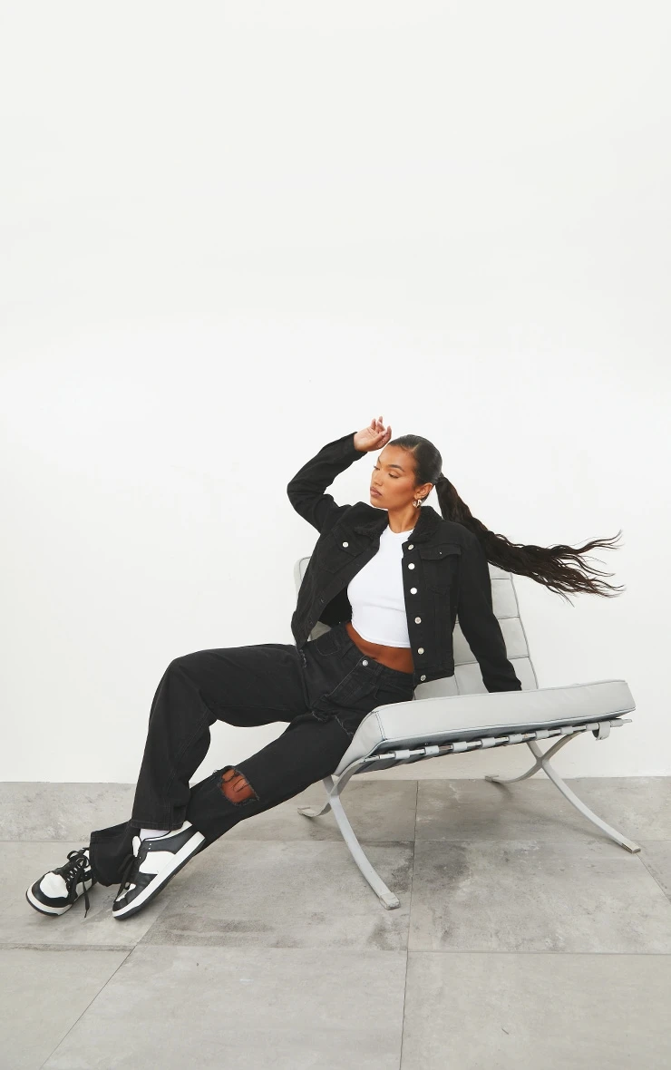 Black Cropped Borg Collar Denim Jacket 3 Black Cropped Borg Collar Denim Jacket - Image 3