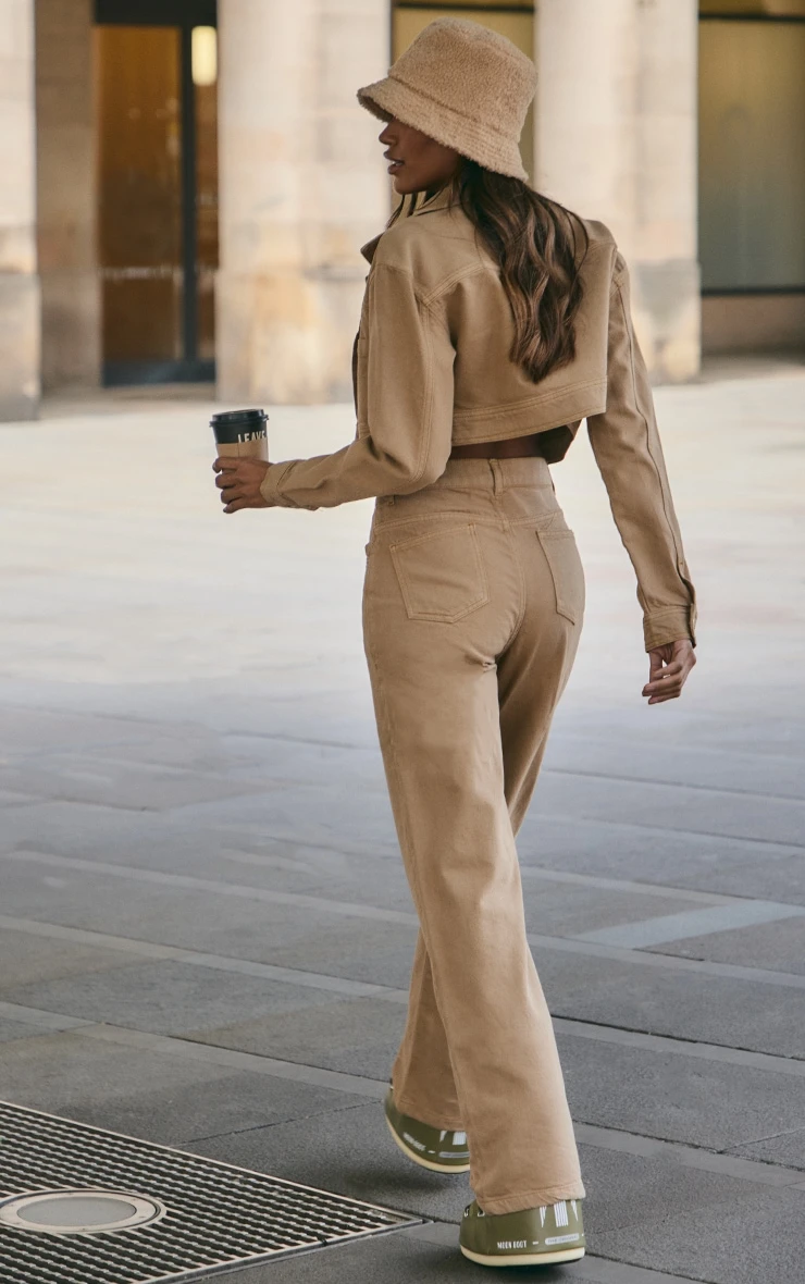 Mocha With Contrast Stitch Crop Denim Jacket 2 Mocha With Contrast Stitch Crop Denim Jacket - Image 2