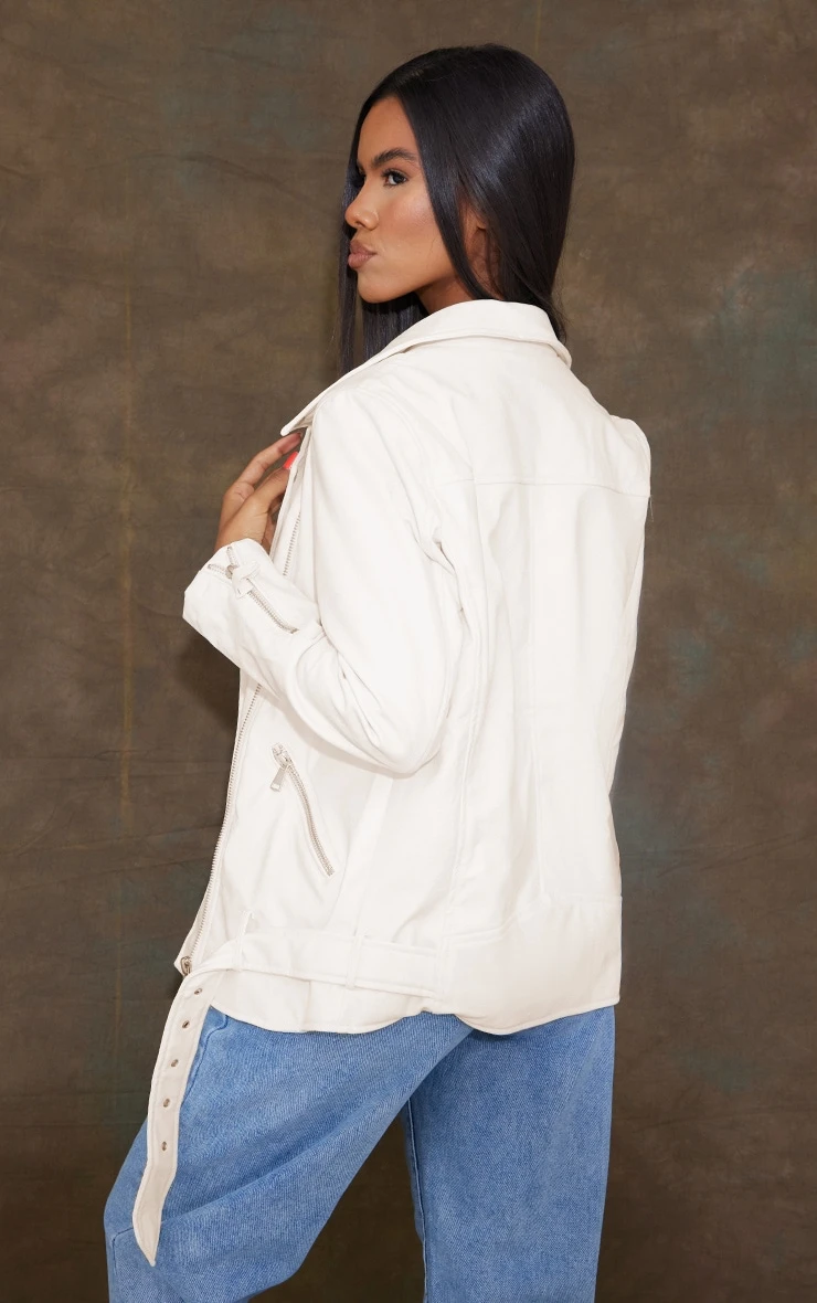Off White Faux Leather Longline Belted Biker Jacket 2 Off White Faux Leather Longline Belted Biker Jacket - Image 2
