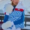 PRETTYLITTLETHING SKI Blue And White Faux Fur Dogtooth Hooded Gilet