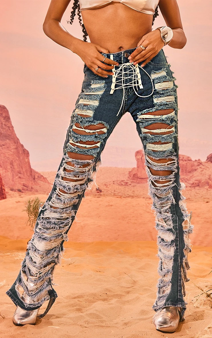 Mid Blue Wash Extreme Distressed Lace Slim Fit Jeans 2 Mid Blue Wash Extreme Distressed Lace Slim Fit Jeans - Image 2