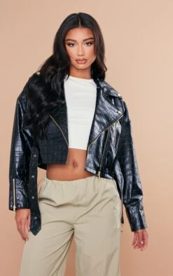 Black Croc Faux Leather Oversized Biker Jacket
