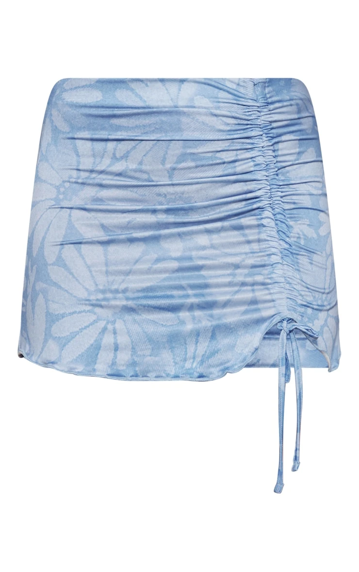 Blue Floral Print Slinky Ruched Front Lettuce Hem Mini Skirt 6 Blue Floral Print Slinky Ruched Front Lettuce Hem Mini Skirt - Image 6