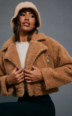 Camel Borg Biker Detail Jacket