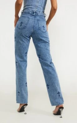 Mid Blue Wash Cross Print Long Leg Straight Leg Jeans -Modern Wear Boutique e8f6716d72fcc06f9ea6b5f47a0d318744259de1 cnb8267 3