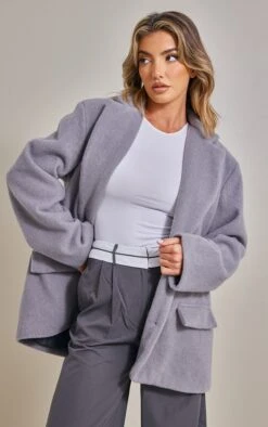 Grey Brushed Wool Longline Oversized Curved Hem Blazer