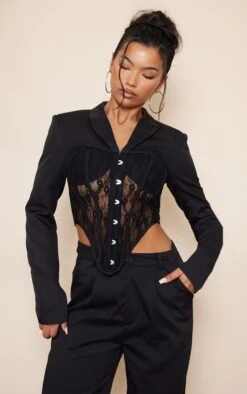 Black Lace Boned Corset Detail Cropped Blazer