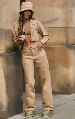 Mocha With Contrast Stitch Crop Denim Jacket