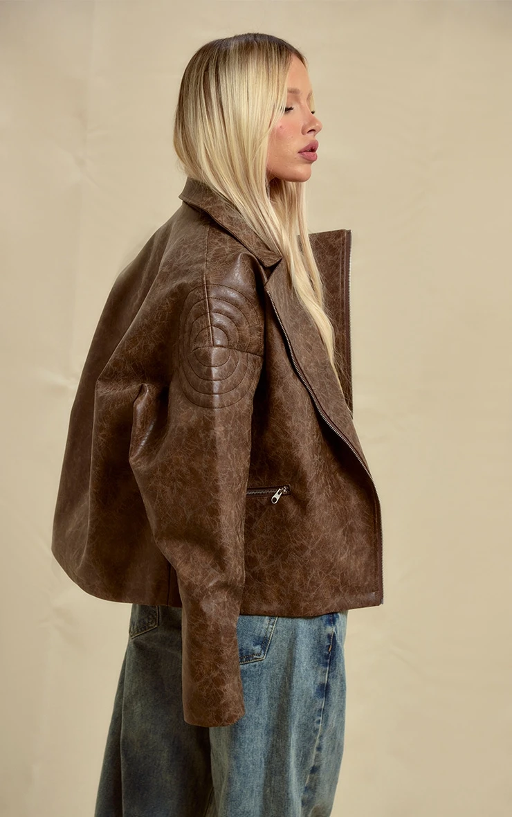 Brown Oversized Faux Leather Distressed Look Biker Jacket 2 Brown Oversized Faux Leather Distressed Look Biker Jacket - Image 2