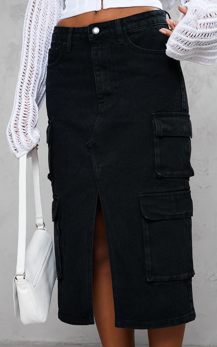 Washed Black Cargo Pocket Front Split Denim Midi Skirt 4 Washed Black Cargo Pocket Front Split Denim Midi Skirt - Image 4