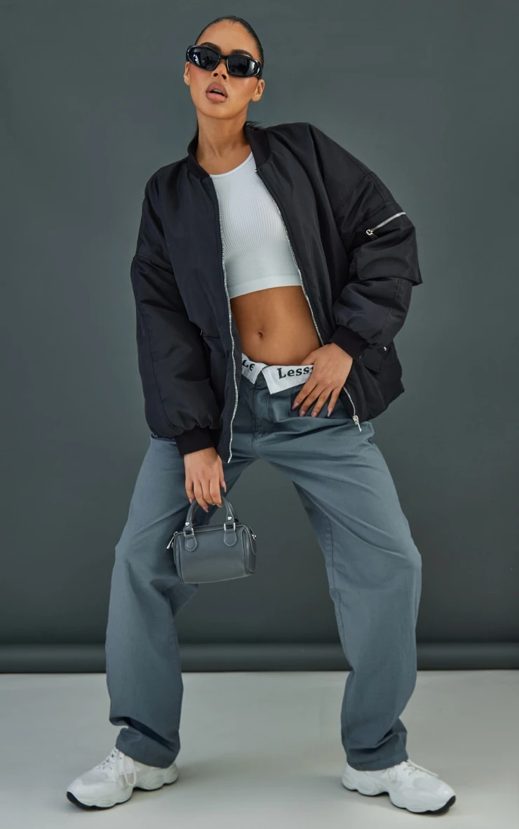 Black Pocket Detail Oversized Bomber Jacket 3 Black Pocket Detail Oversized Bomber Jacket - Image 3