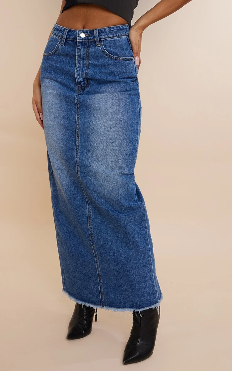 Mid Blue Wash Raw Hem Denim Maxi Skirt 2 Mid Blue Wash Raw Hem Denim Maxi Skirt - Image 2