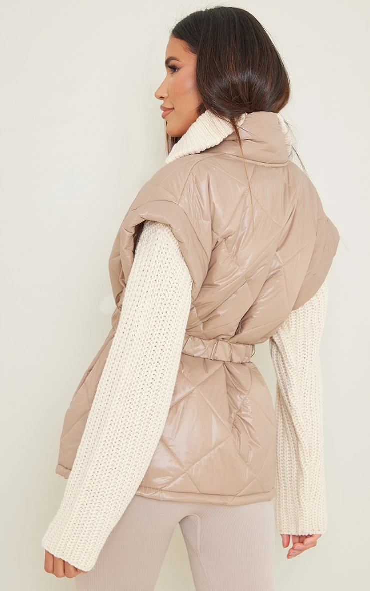 Taupe Belted Diamond Quilted Gilet 2 Taupe Belted Diamond Quilted Gilet - Image 2