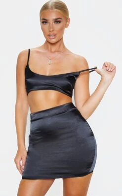 Black Satin High Waist Mini Skirt