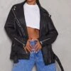 Black Faux Leather Longline Belted Biker Jacket