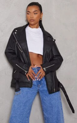 Black Faux Leather Longline Belted Biker Jacket