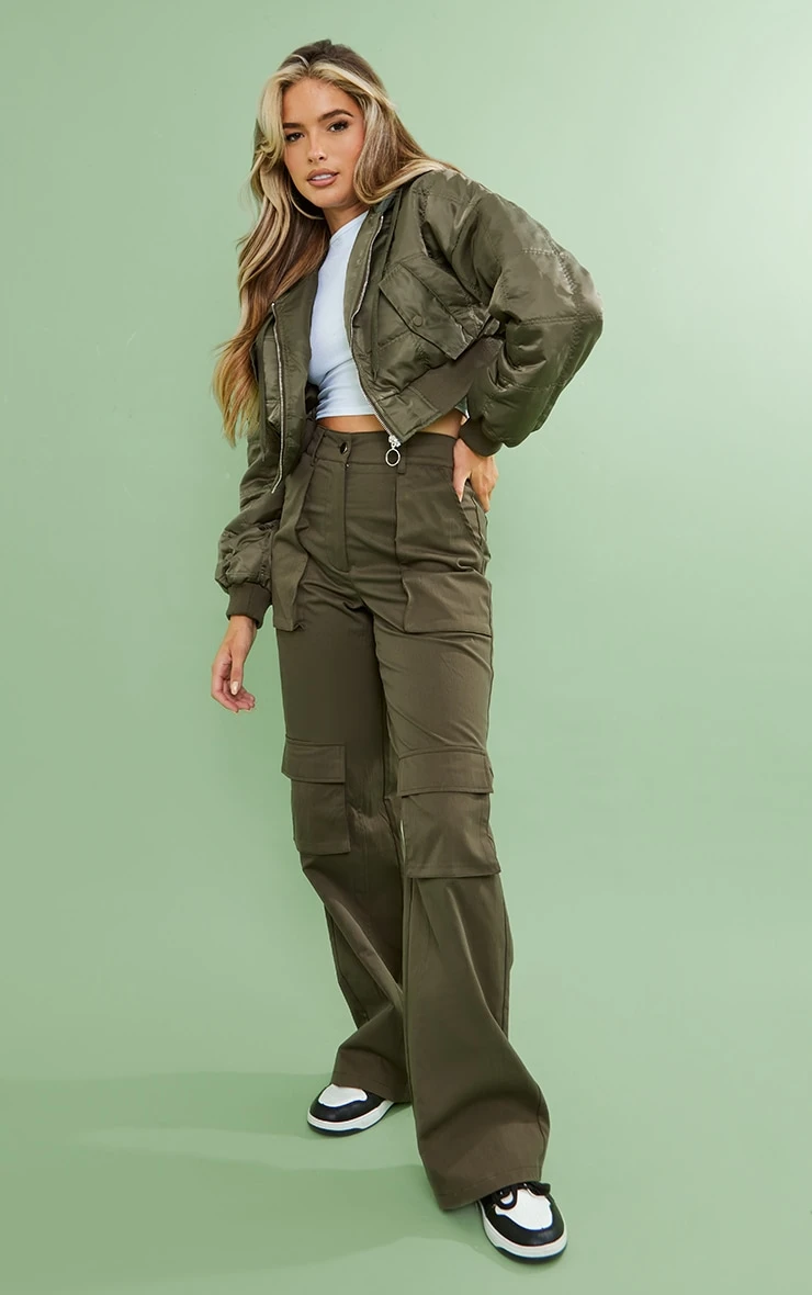 PRETTYLITTLETHING Khaki Slogan Back Jersey Hooded Bomber Jacket 3 PRETTYLITTLETHING Khaki Slogan Back Jersey Hooded Bomber Jacket - Image 3