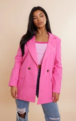 Pink Premium Cotton Double Breasted Flap Pocket Oversized Blazer