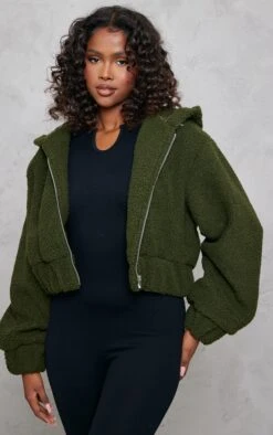 Dark Khaki Borg Hooded Zip Through Jacket