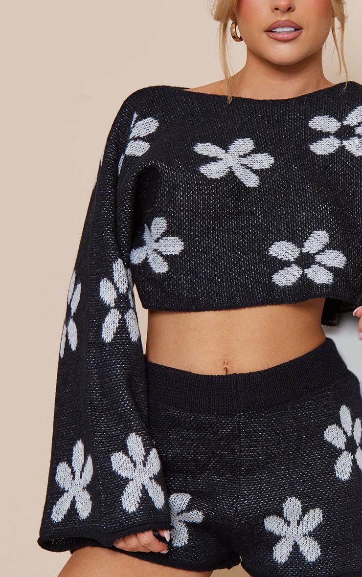 Monochrome Flower Brushed Knit Cropped Jumper 4 Monochrome Flower Brushed Knit Cropped Jumper - Image 4