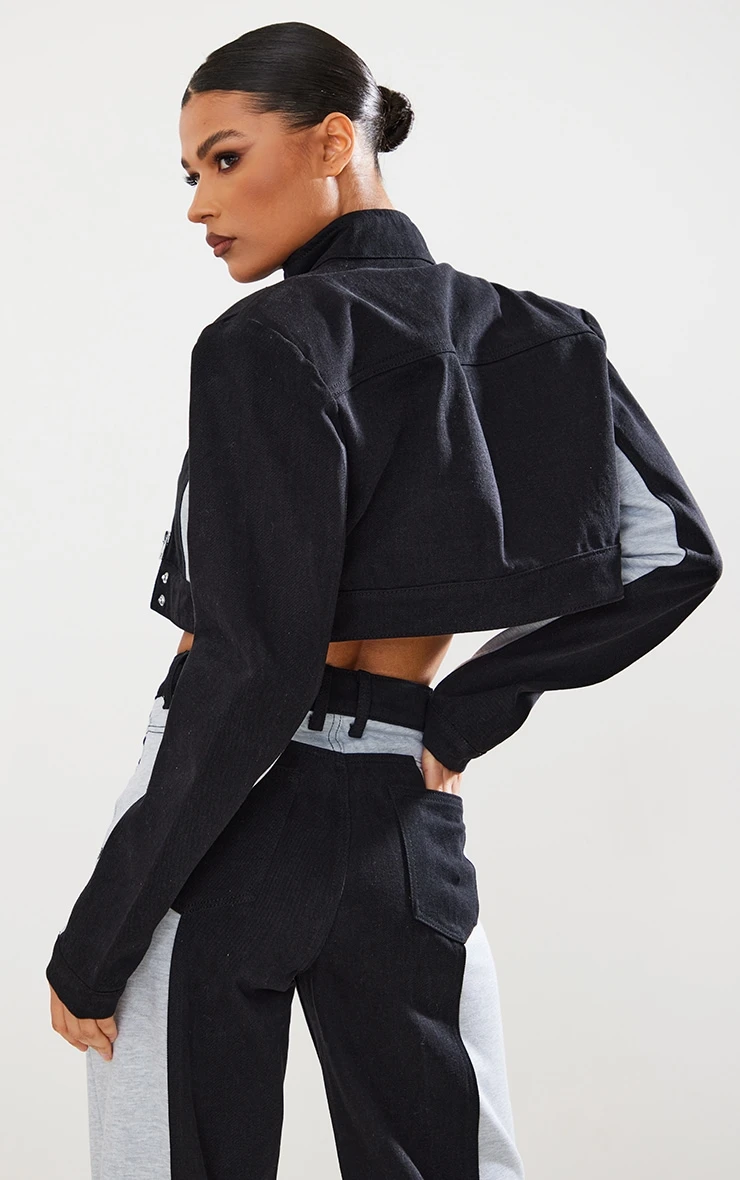 Black Contrast Panel Detail Cropped Denim Jacket 2 Black Contrast Panel Detail Cropped Denim Jacket - Image 2