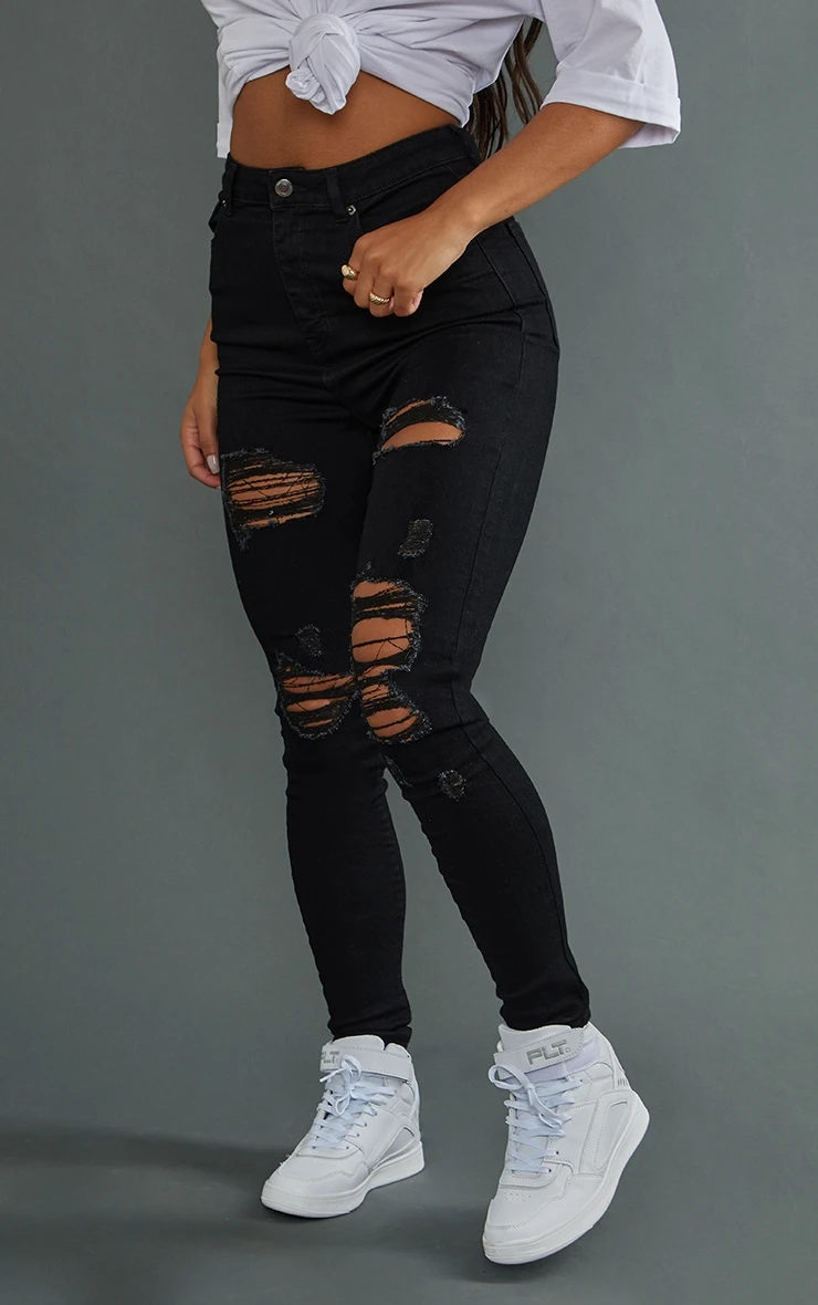 PRETTYLITTLETHING Black Ripped 5 Pocket Skinny Jeans 3 PRETTYLITTLETHING Black Ripped 5 Pocket Skinny Jeans - Image 3