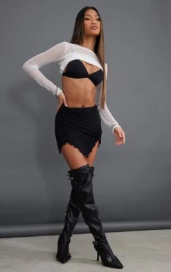 Black Cotton Lettuce Hem Detail Mini Skirt