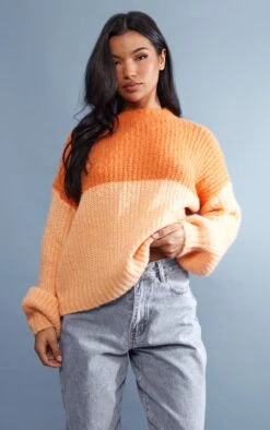 Orange Colour Block Brushed Knit Oversized Jumper